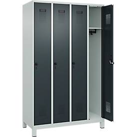 Kleiderspind C+P Evolo Plus, 4 Abteile, 300 mm Abteilbreite, mit Füßen, Anschlag rechts, Drehriegel, B 1200 x T 500 x H 1950 mm, lichtgrau/anthrazitgrau