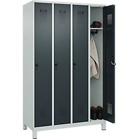 Kleiderspind C+P Evolo Plus, 4 Abteile, 300 mm Abteilbreite, mit Füßen, Anschlag rechts, Drehriegel, B 1200 x T 500 x H 1950 mm, lichtgrau/anthrazitgrau