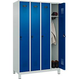 Kleiderspind C+P Evolo Plus, 4 Abteile, 300 mm Abteilbreite, mit Füßen, Anschlag rechts, Drehriegel, B 1200 x T 500 x H 1950 mm, lichtgrau/enzianblau