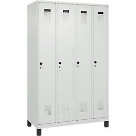 Kleiderspind C+P Evolo Plus, 4 Abteile, 300 mm Abteilbreite, mit Füßen, Anschlag rechts, Drehriegel, B 1200 x T 500 x H 1950 mm, lichtgrau/lichtgrau