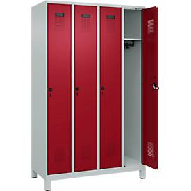 Kleiderspind C+P Evolo Plus, 4 Abteile, 300 mm Abteilbreite, mit Füßen, Anschlag rechts, Drehriegel, B 1200 x T 500 x H 1950 mm, lichtgrau/rubinrot