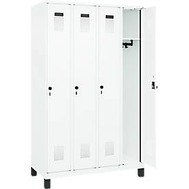 Kleiderspind C+P Evolo Plus, 4 Abteile, 300 mm Abteilbreite, mit Füßen, Anschlag rechts, Drehriegel, B 1200 x T 500 x H 1950 mm, verkehrsweiß/verkehrsweiß