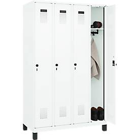 Kleiderspind C+P Evolo Plus, 4 Abteile, 300 mm Abteilbreite, mit Füßen, Anschlag rechts, Drehriegel, B 1200 x T 500 x H 1950 mm, verkehrsweiß/verkehrsweiß