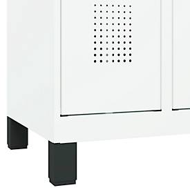 Kleiderspind C+P Evolo Plus, 4 Abteile, 300 mm Abteilbreite, mit Füßen, Anschlag rechts, Drehriegel, B 1200 x T 500 x H 1950 mm, verkehrsweiß/verkehrsweiß