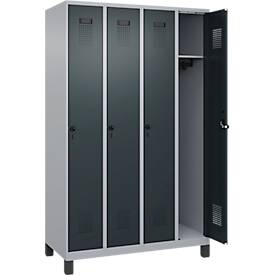 Kleiderspind C+P Evolo Plus, 4 Abteile, 300 mm Abteilbreite, mit Füßen, Anschlag rechts, Drehriegel, B 1200 x T 500 x H 1950 mm, weißaluminium/anthrazitgrau