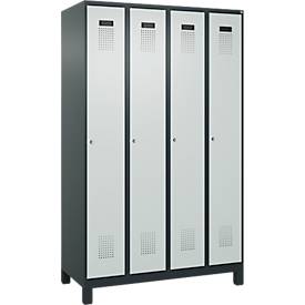 Kleiderspind C+P Evolo Plus, 4 Abteile, 300 mm Abteilbreite, mit Füßen, Anschlag rechts, Zylinder, B 1200 x T 500 x H 1950 mm, anthrazitgrau/lichtgrau