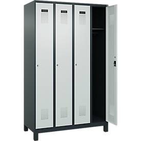 Kleiderspind C+P Evolo Plus, 4 Abteile, 300 mm Abteilbreite, mit Füßen, Anschlag rechts, Zylinder, B 1200 x T 500 x H 1950 mm, anthrazitgrau/lichtgrau