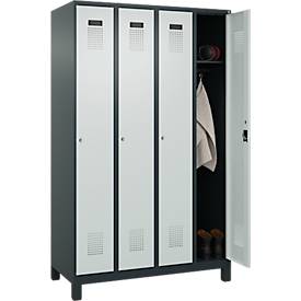 Kleiderspind C+P Evolo Plus, 4 Abteile, 300 mm Abteilbreite, mit Füßen, Anschlag rechts, Zylinder, B 1200 x T 500 x H 1950 mm, anthrazitgrau/lichtgrau