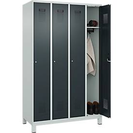 Kleiderspind C+P Evolo Plus, 4 Abteile, 300 mm Abteilbreite, mit Füßen, Anschlag rechts, Zylinder, B 1200 x T 500 x H 1950 mm, lichtgrau/anthrazitgrau