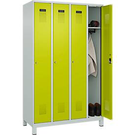 Kleiderspind C+P Evolo Plus, 4 Abteile, 300 mm Abteilbreite, mit Füßen, Anschlag rechts, Zylinder, B 1200 x T 500 x H 1950 mm, lichtgrau/clowngrün