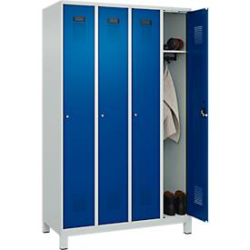 Kleiderspind C+P Evolo Plus, 4 Abteile, 300 mm Abteilbreite, mit Füßen, Anschlag rechts, Zylinder, B 1200 x T 500 x H 1950 mm, lichtgrau/enzianblau