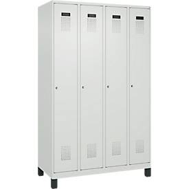 Kleiderspind C+P Evolo Plus, 4 Abteile, 300 mm Abteilbreite, mit Füßen, Anschlag rechts, Zylinder, B 1200 x T 500 x H 1950 mm, lichtgrau/lichtgrau