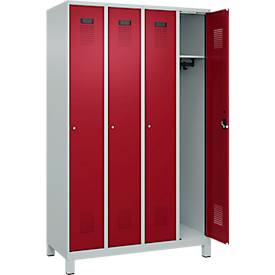 Kleiderspind C+P Evolo Plus, 4 Abteile, 300 mm Abteilbreite, mit Füßen, Anschlag rechts, Zylinder, B 1200 x T 500 x H 1950 mm, lichtgrau/rubinrot