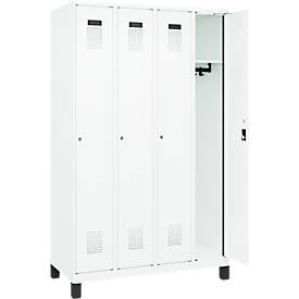 Kleiderspind C+P Evolo Plus, 4 Abteile, 300 mm Abteilbreite, mit Füßen, Anschlag rechts, Zylinder, B 1200 x T 500 x H 1950 mm, verkehrsweiß/verkehrsweiß