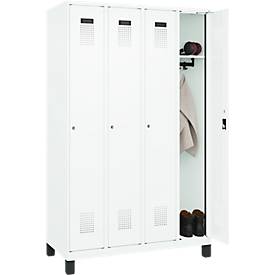 Kleiderspind C+P Evolo Plus, 4 Abteile, 300 mm Abteilbreite, mit Füßen, Anschlag rechts, Zylinder, B 1200 x T 500 x H 1950 mm, verkehrsweiß/verkehrsweiß