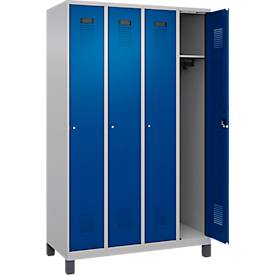 Kleiderspind C+P Evolo Plus, 4 Abteile, 300 mm Abteilbreite, mit Füßen, Anschlag rechts, Zylinder, B 1200 x T 500 x H 1950 mm, weißaluminium/enzianblau