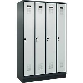 Kleiderspind C+P Evolo Plus, 4 Abteile, 300 mm Abteilbreite, mit Sockel, Anschlag rechts, B 1200 x T 500 x H 1950 mm, Drehriegel, anthrazitgrau/lichtgrau