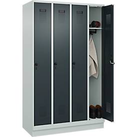 Kleiderspind C+P Evolo Plus, 4 Abteile, 300 mm Abteilbreite, mit Sockel, Anschlag rechts, B 1200 x T 500 x H 1950 mm, Drehriegel, lichtgrau/anthrazitgrau