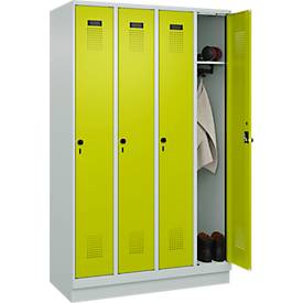 Kleiderspind C+P Evolo Plus, 4 Abteile, 300 mm Abteilbreite, mit Sockel, Anschlag rechts, B 1200 x T 500 x H 1950 mm, Drehriegel, lichtgrau/clowngrün