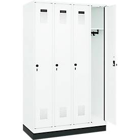 Kleiderspind C+P Evolo Plus, 4 Abteile, 300 mm Abteilbreite, mit Sockel, Anschlag rechts, B 1200 x T 500 x H 1950 mm, Drehriegel, verkehrsweiß/verkehrsweiß
