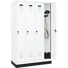Kleiderspind C+P Evolo Plus, 4 Abteile, 300 mm Abteilbreite, mit Sockel, Anschlag rechts, B 1200 x T 500 x H 1950 mm, Drehriegel, verkehrsweiß/verkehrsweiß