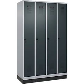 Kleiderspind C+P Evolo Plus, 4 Abteile, 300 mm Abteilbreite, mit Sockel, Anschlag rechts, B 1200 x T 500 x H 1950 mm, Drehriegel, weißaluminium/anthrazitgrau