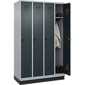 Kleiderspind C+P Evolo Plus, 4 Abteile, 300 mm Abteilbreite, mit Sockel, Anschlag rechts, B 1200 x T 500 x H 1950 mm, Drehriegel, weißaluminium/anthrazitgrau