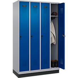 Kleiderspind C+P Evolo Plus, 4 Abteile, 300 mm Abteilbreite, mit Sockel, Anschlag rechts, B 1200 x T 500 x H 1950 mm, Drehriegel, weißaluminium/enzianblau