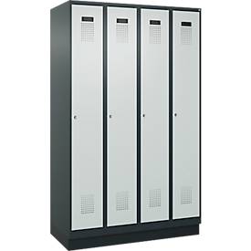 Kleiderspind C+P Evolo Plus, 4 Abteile, 300 mm Abteilbreite, mit Sockel, Anschlag rechts, B 1200 x T 500 x H 1950 mm, Zylinder, anthrazitgrau/lichtgrau
