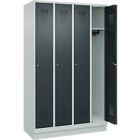 Kleiderspind C+P Evolo Plus, 4 Abteile, 300 mm Abteilbreite, mit Sockel, Anschlag rechts, B 1200 x T 500 x H 1950 mm, Zylinder, lichtgrau/anthrazitgrau