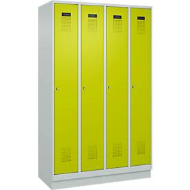 Kleiderspind C+P Evolo Plus, 4 Abteile, 300 mm Abteilbreite, mit Sockel, Anschlag rechts, B 1200 x T 500 x H 1950 mm, Zylinder, lichtgrau/clowngrün