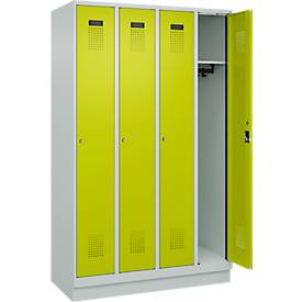 Kleiderspind C+P Evolo Plus, 4 Abteile, 300 mm Abteilbreite, mit Sockel, Anschlag rechts, B 1200 x T 500 x H 1950 mm, Zylinder, lichtgrau/clowngrün