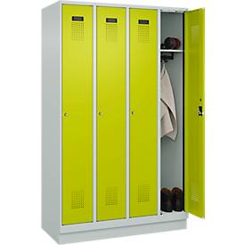 Kleiderspind C+P Evolo Plus, 4 Abteile, 300 mm Abteilbreite, mit Sockel, Anschlag rechts, B 1200 x T 500 x H 1950 mm, Zylinder, lichtgrau/clowngrün