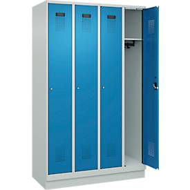 Kleiderspind C+P Evolo Plus, 4 Abteile, 300 mm Abteilbreite, mit Sockel, Anschlag rechts, B 1200 x T 500 x H 1950 mm, Zylinder, lichtgrau/lichtblau