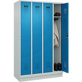 Kleiderspind C+P Evolo Plus, 4 Abteile, 300 mm Abteilbreite, mit Sockel, Anschlag rechts, B 1200 x T 500 x H 1950 mm, Zylinder, lichtgrau/lichtblau