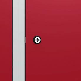 Kleiderspind C+P Evolo Plus, 4 Abteile, 300 mm Abteilbreite, mit Sockel, Anschlag rechts, B 1200 x T 500 x H 1950 mm, Zylinder, lichtgrau/rubinrot