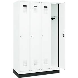 Kleiderspind C+P Evolo Plus, 4 Abteile, 300 mm Abteilbreite, mit Sockel, Anschlag rechts, B 1200 x T 500 x H 1950 mm, Zylinder, verkehrsweiß/verkehrsweiß