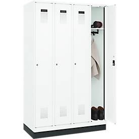 Kleiderspind C+P Evolo Plus, 4 Abteile, 300 mm Abteilbreite, mit Sockel, Anschlag rechts, B 1200 x T 500 x H 1950 mm, Zylinder, verkehrsweiß/verkehrsweiß
