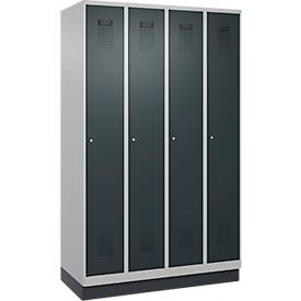 Kleiderspind C+P Evolo Plus, 4 Abteile, 300 mm Abteilbreite, mit Sockel, Anschlag rechts, B 1200 x T 500 x H 1950 mm, Zylinder, weißaluminium/anthrazitgrau