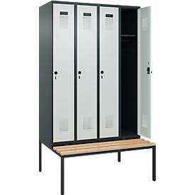Kleiderspind C+P Evolo Plus, 4 Abteile, 300 mm Abteilbreite, mit untergebauter Sitzbank, B 1200 x T 815 x H 2120 mm, Drehriegel, anthrazitgrau/lichtgrau