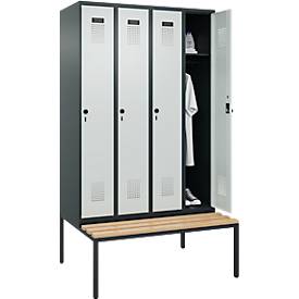 Kleiderspind C+P Evolo Plus, 4 Abteile, 300 mm Abteilbreite, mit untergebauter Sitzbank, B 1200 x T 815 x H 2120 mm, Drehriegel, anthrazitgrau/lichtgrau