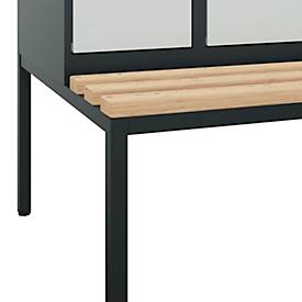 Kleiderspind C+P Evolo Plus, 4 Abteile, 300 mm Abteilbreite, mit untergebauter Sitzbank, B 1200 x T 815 x H 2120 mm, Drehriegel, anthrazitgrau/lichtgrau