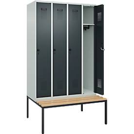 Kleiderspind C+P Evolo Plus, 4 Abteile, 300 mm Abteilbreite, mit untergebauter Sitzbank, B 1200 x T 815 x H 2120 mm, Drehriegel, lichtgrau/anthrazitgrau
