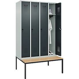 Kleiderspind C+P Evolo Plus, 4 Abteile, 300 mm Abteilbreite, mit untergebauter Sitzbank, B 1200 x T 815 x H 2120 mm, Drehriegel, lichtgrau/anthrazitgrau