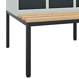 Kleiderspind C+P Evolo Plus, 4 Abteile, 300 mm Abteilbreite, mit untergebauter Sitzbank, B 1200 x T 815 x H 2120 mm, Drehriegel, lichtgrau/anthrazitgrau