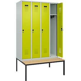 Kleiderspind C+P Evolo Plus, 4 Abteile, 300 mm Abteilbreite, mit untergebauter Sitzbank, B 1200 x T 815 x H 2120 mm, Drehriegel, lichtgrau/clowngrün