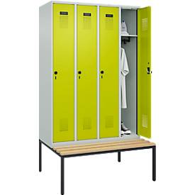 Kleiderspind C+P Evolo Plus, 4 Abteile, 300 mm Abteilbreite, mit untergebauter Sitzbank, B 1200 x T 815 x H 2120 mm, Drehriegel, lichtgrau/clowngrün