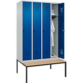 Kleiderspind C+P Evolo Plus, 4 Abteile, 300 mm Abteilbreite, mit untergebauter Sitzbank, B 1200 x T 815 x H 2120 mm, Drehriegel, lichtgrau/enzianblau