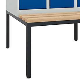 Kleiderspind C+P Evolo Plus, 4 Abteile, 300 mm Abteilbreite, mit untergebauter Sitzbank, B 1200 x T 815 x H 2120 mm, Drehriegel, lichtgrau/enzianblau