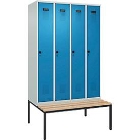 Kleiderspind C+P Evolo Plus, 4 Abteile, 300 mm Abteilbreite, mit untergebauter Sitzbank, B 1200 x T 815 x H 2120 mm, Drehriegel, lichtgrau/lichtblau